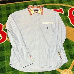 Ralph Lauren Blue Button-Up Shirt with Plaid Collar Sz S